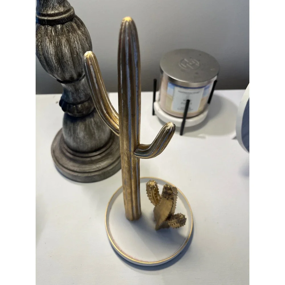 Gold Saguaro Cactus Jewelry Stand Trinket Tray Ring Holder Desert Decor White